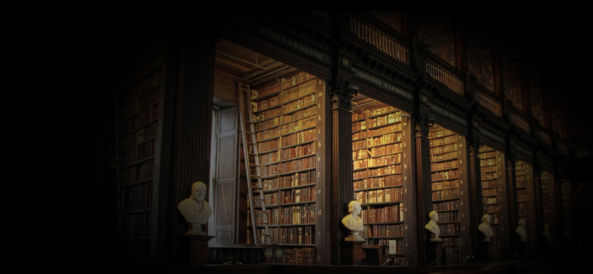 A dark library with rows of warmly lit bookshelves