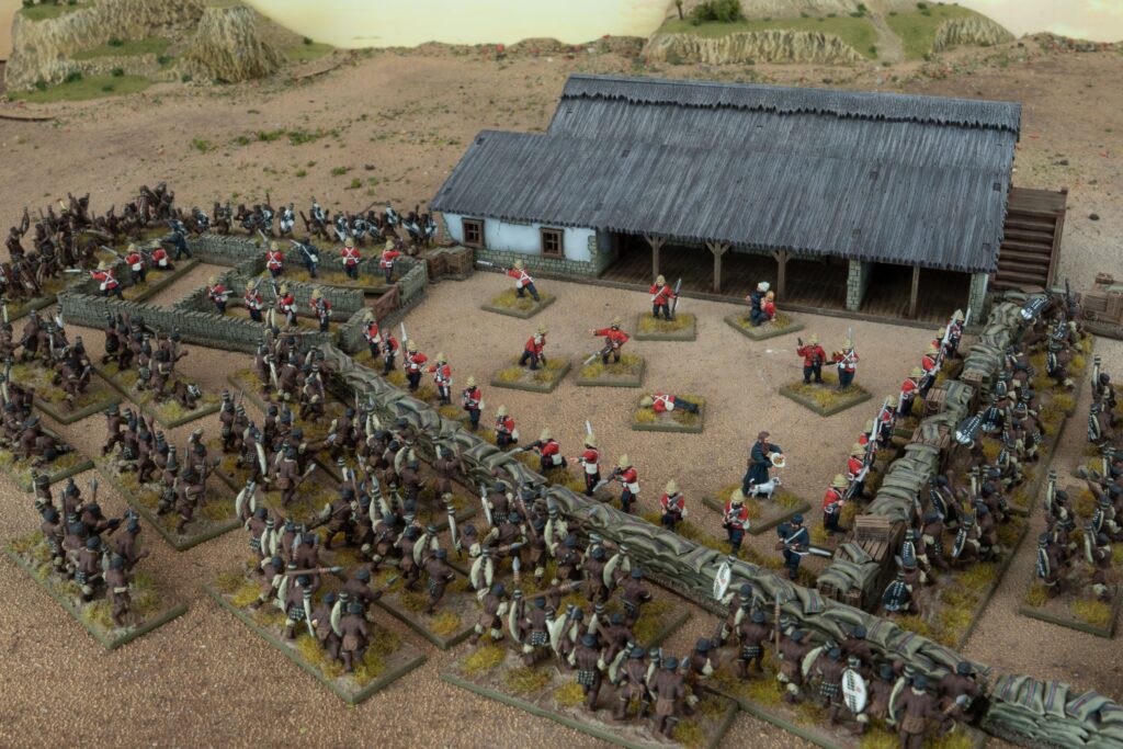 The Rorke's Drift battle set arranged around its model hospital and improvised perimeter
